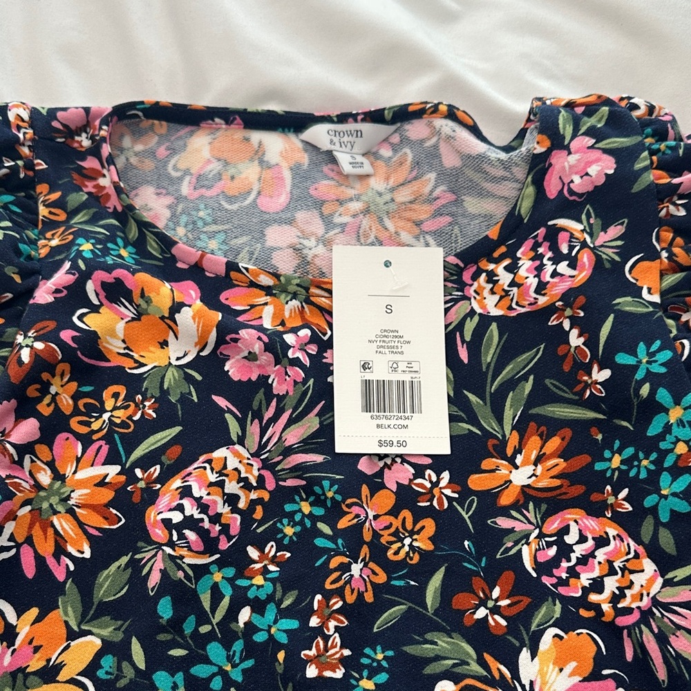 Crown & Ivy Navy Midi Dress with Pink and Orange Floral